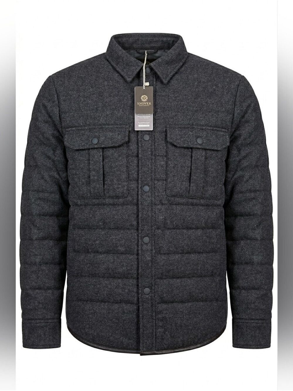 Men's Charcoal 100% Wool, Down Filled Quilted Collared Jacket  Snover XL, NWT